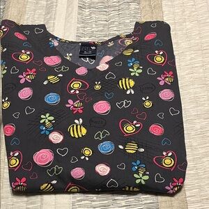 Colorful Bee and Flower Print Scrub Top